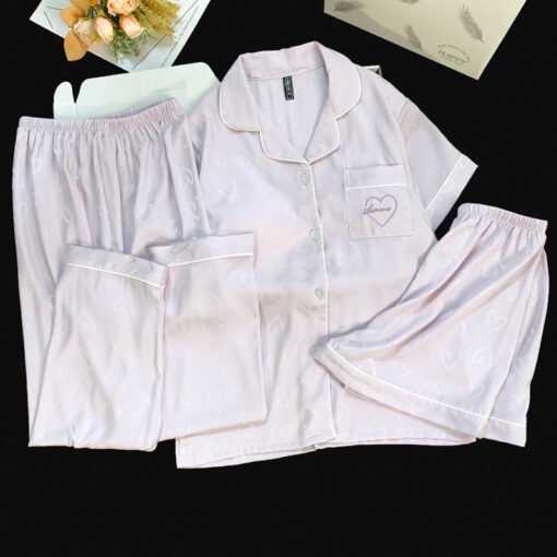 Vapetix M-XXL  Live Summer Short-sleeved Ice Silk Pajamas with Chest Pad Women's Thin Ice Silk Three-piece Set Wom – Bild 4