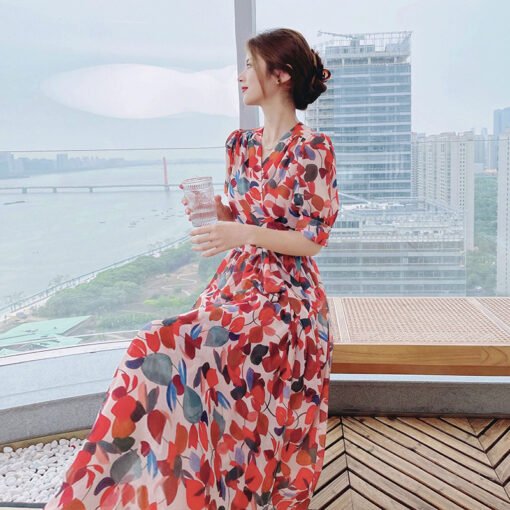 Vapetix M-2XL  Mid-length French Style New A- line Dress V-neck Slimming Summer Over-the-knee Short Sleeve Split L - 图片 4