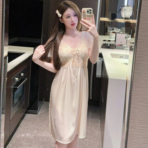 Vapetix M-XL  Summer Short Sleeve Ice Silk Nightgown with Chest Pad Sexy Lace Mesh Pure Desire Long Nightgown Nig – Bild 4