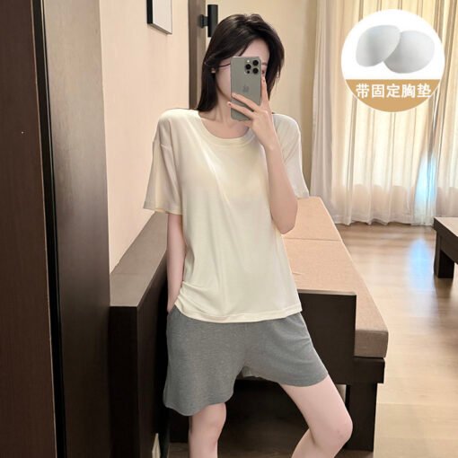 Vapetix M-XXL  Shaoxing -2025 Pajamas Women's Cotton Crewneck Short Sleeve Shorts Solid Color Outer Wear Home Wear – Bild 5