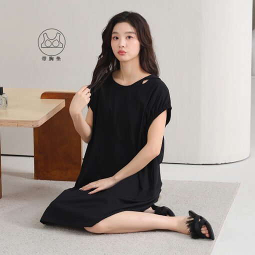 Vapetix 160(M)-175(XXL)  With Chest Pad Cool Cotton Short-sleeved Nightgown Pullover Casual Simple Pure Cotton Pull-up Cotto - Imagen 2