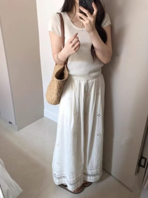 Vapetix S-2XL  Lace Stitching Hollow-out Design Sense Casual Pants Women's Summer New Loose High Waist Slimming St - 图片 4