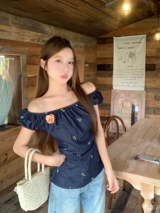 Vapetix Universal code-Universal code  Real shot of sweet one-shoulder three-dimensional flower large press-pleated waist embroidered deni