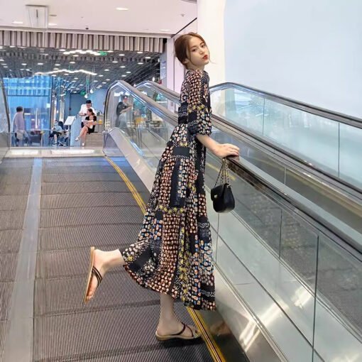 Vapetix M-2XL  Printed Mid-length French Style New A- line Dress V-neck Slimming Colorful Short-sleeved Split Lady - 图片 3