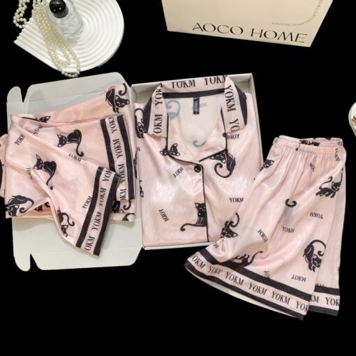 Vapetix M-XXL  Live Summer Short-sleeved Ice Silk Pajamas with Chest Pad Women's Thin Ice Silk Three-piece Set Wom – Bild 3