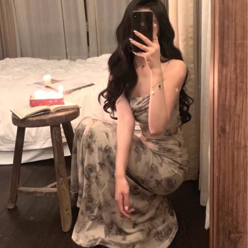 Vapetix S-2XL  New style of coffee break French mesh printed suspender long skirt design niche pure slim hip-packi - Obrázek 2