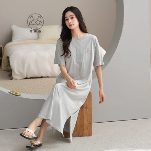 Vapetix 160(M)-175(XXL)  With Chest Pad Cool Cotton Short-sleeved Nightgown Pullover Casual Simple Pure Cotton Pull-up Cotto - Afbeelding 4