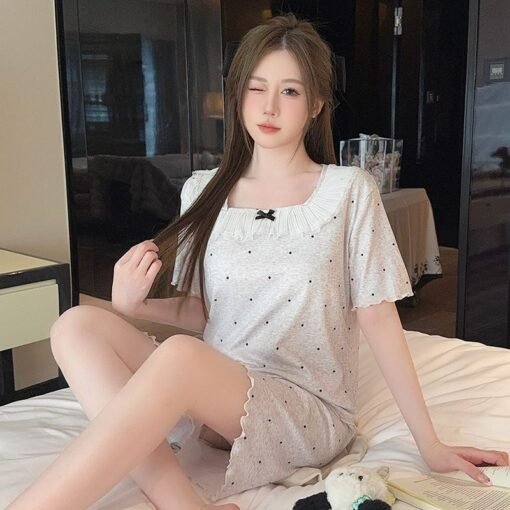 Vapetix M-XXL  Xyqm-pajamas women's summer thin short sleeve ice silk thread 2025 new sweet home clothing suit lac – Bild 3