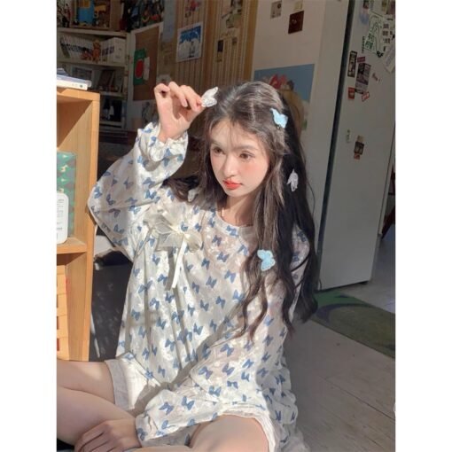 Vapetix S-XL  Original Fabric Blue Butterfly Floral Thin Floral Long Sleeve Sunscreen Sweet Bow Loose Round Neck - Afbeelding 8