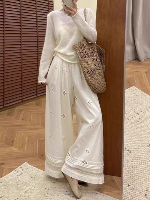 Vapetix S-2XL  apricot Holiday Sense Summer Design Sense Hollow Lace Stitching Wide Leg Casual Pants High Waist Lo - 图片 3