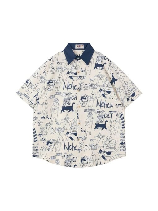 Vapetix S-3XL  Harajuku style hand-painted cat doodle short-sleeved shirt for women in summer retro loose casual c – Bild 5