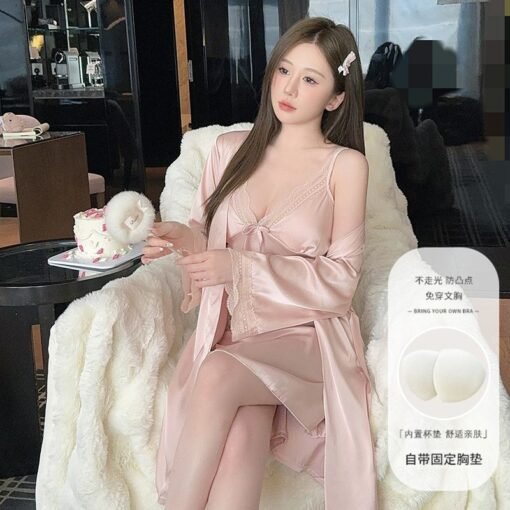 Vapetix 160(M)-175(XXL)  Xyqm-Pajamas Women's Nightgown Bathrobe Spring Autumn Summer Ice and Snow Silk Sling Nightgown with – Bild 4