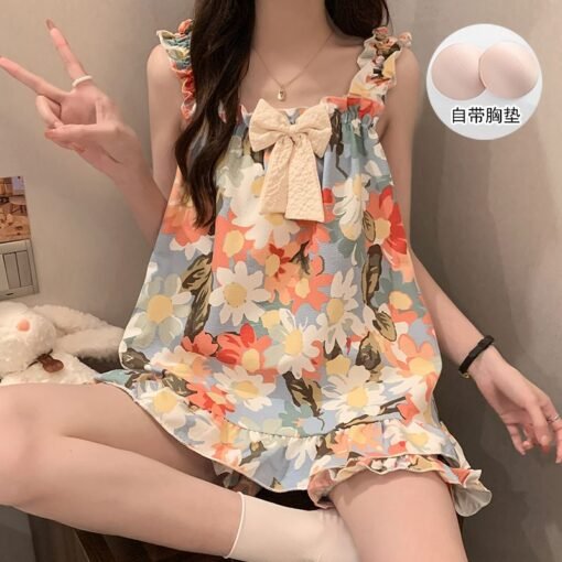 Vapetix M-XXL  xyqm-2025 Internet Celebrant New Style Bubble Cotton Sling Bow Pajamas Women's Summer Sweet KT Cat – Bild 4