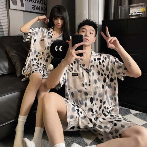 Vapetix M-XXXL  Ice Silk Couple Pajamas Summer New Short-sleeved Cartoon Comfortable Summer Outfit Two-piece Suit - Image 4