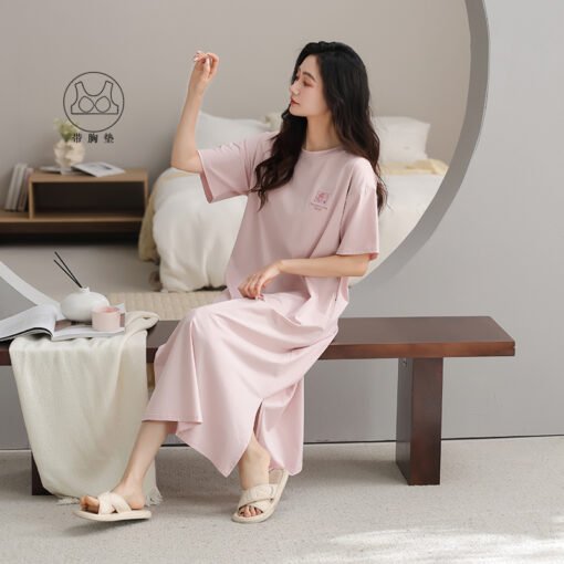 Vapetix 160(M)-175(XXL)  With Chest Pad Cool Cotton Short-sleeved Nightgown Pullover Casual Simple Pure Cotton Pull-up Cotto - Imagen 3