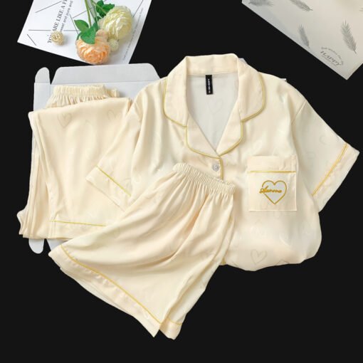 Vapetix M-XXL  Live Summer Short-sleeved Ice Silk Pajamas with Chest Pad Women's Thin Ice Silk Three-piece Set Wom - Kép 4