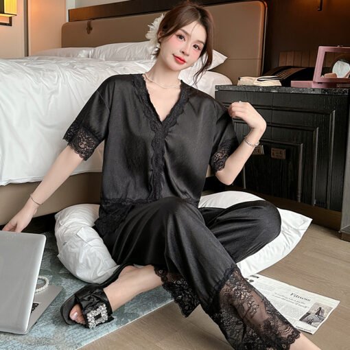 Vapetix M-XXL  Black Three-Piece Hollow Ice Silk Pajamas Cardigan V-Neck Lace Home Clothes – Bild 3