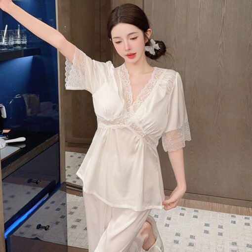 Vapetix M-XXL  Summer Ice Silk Thin Short-sleeved Trousers suit Solid Color Pajamas Women's Spring Home Clothes Wo - Imagen 3