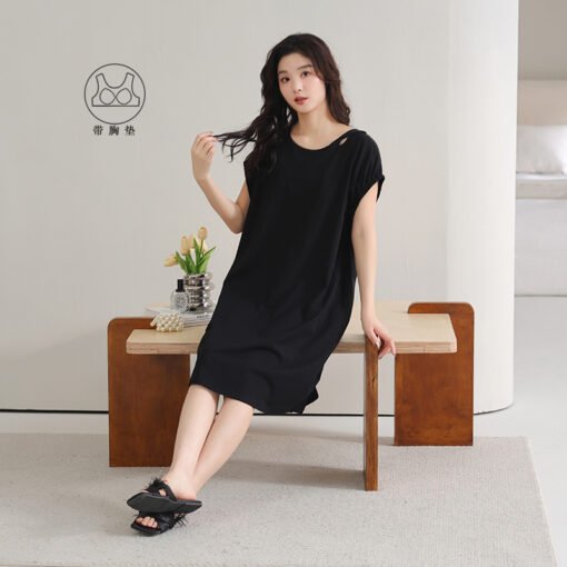 Vapetix 160(M)-175(XXL)  With Chest Pad Cool Cotton Short-sleeved Nightgown Pullover Casual Simple Pure Cotton Pull-up Cotto - Imagen 3