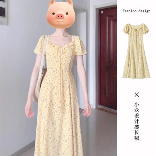 Vapetix S-2XL  French puff sleeve yellow dress summer 2025 new small and beautiful temperament floral long skirt – Bild 4