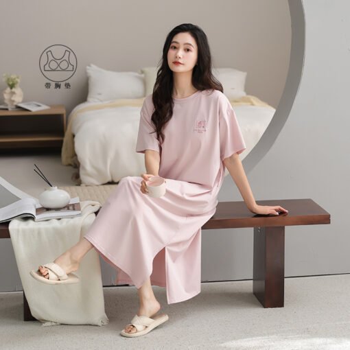Vapetix 160(M)-175(XXL)  With Chest Pad Cool Cotton Short-sleeved Nightgown Pullover Casual Simple Pure Cotton Pull-up Cotto - Imagen 5