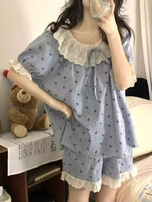 Vapetix M-XXL  Official Figure Cloud Cotton Korean Style Ins Sweet Bow Lace Pajamas Women's Summer New Style - 图片 3