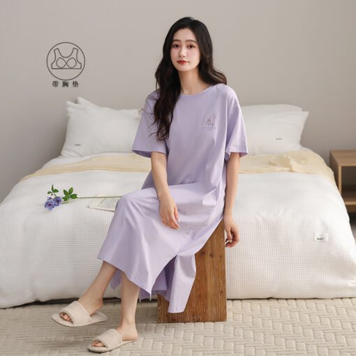 Vapetix 160(M)-175(XXL)  With Chest Pad Cool Cotton Short-sleeved Nightgown Pullover Casual Simple Pure Cotton Pull-up Cotto - Imagen 5