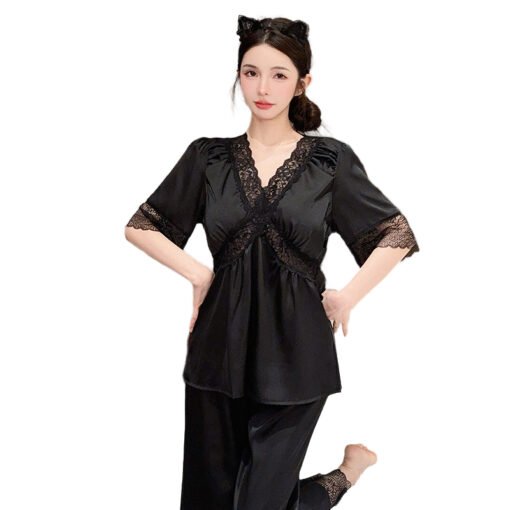Vapetix M-XXL  Summer Ice Silk Thin Short-sleeved Trousers suit Solid Color Pajamas Women's Spring Home Clothes Wo - Imagen 4