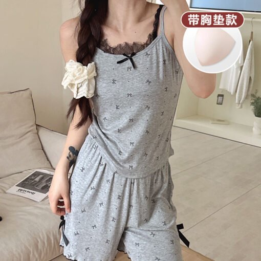 Vapetix M-XL  [Tanfanny Summer 77 Batch]# M-XL (Modal with Chest Pad) Summer Sling Pajamas Women's Suit Grey - 图片 4