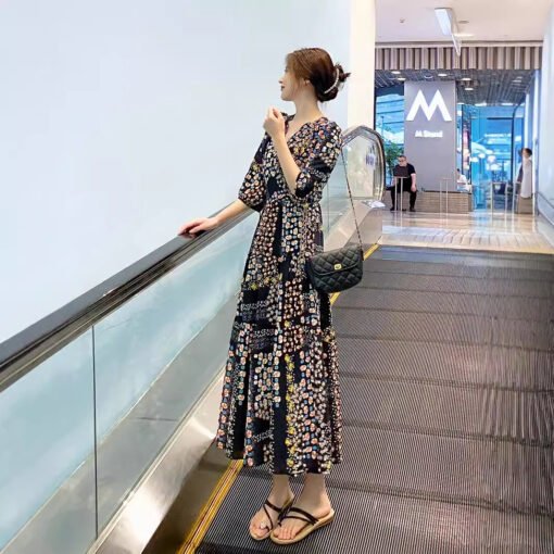 Vapetix M-2XL  Printed Mid-length French Style New A- line Dress V-neck Slimming Colorful Short-sleeved Split Lady - 图片 4