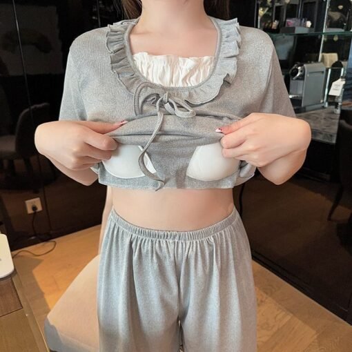 Vapetix M-XXL  Xyqm-pajamas women's summer thin short sleeve ice silk thread 2025 new sweet home clothing suit lac - Imagen 3
