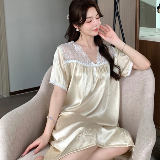 Vapetix 160(M)-175(XXL)  Women's Nightgown with Chest Pad 2025 New Ice Silk Short Sleeve Comfortable Silk Summer Outer Wear - Afbeelding 4