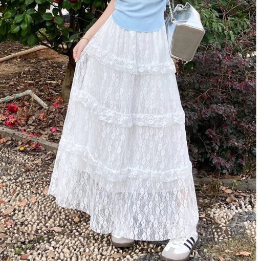 Vapetix S-XL  [Original Practice] White Lace Skirt Women's Summer 2025 New High Waist A- Line Mesh Long Skirt Cak – Bild 5