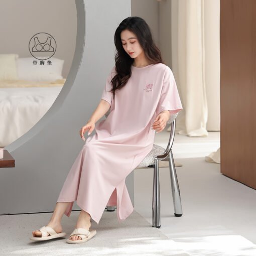 Vapetix 160(M)-175(XXL)  With Chest Pad Cool Cotton Short-sleeved Nightgown Pullover Casual Simple Pure Cotton Pull-up Cotto - Imagen 4