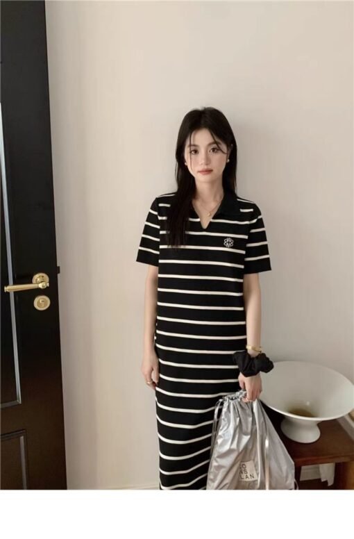 Vapetix Universal code-Universal code  French polo striped short-sleeved ice silk knitted dress 2025 summer new niche loose and fashionabl – Bild 4