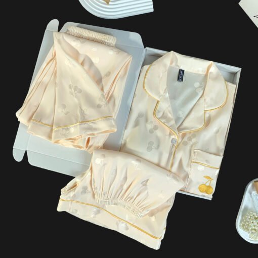 Vapetix M-XXL  Live Summer Short-sleeved Ice Silk Pajamas with Chest Pad Women's Thin Ice Silk Three-piece Set Wom – Bild 4
