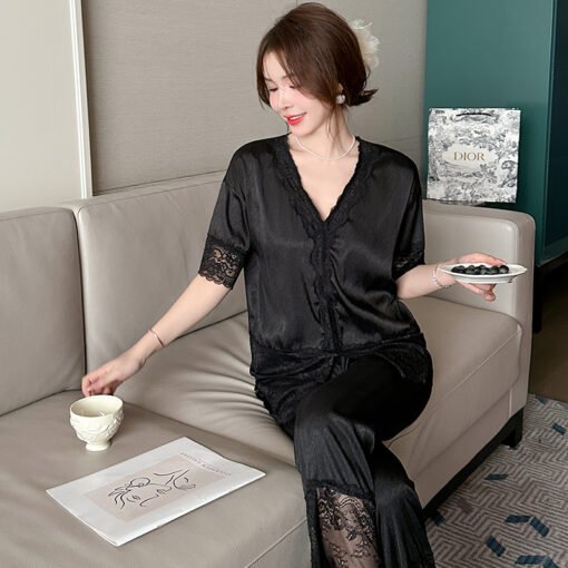 Vapetix M-XXL  Black Three-Piece Hollow Ice Silk Pajamas Cardigan V-Neck Lace Home Clothes – Bild 4