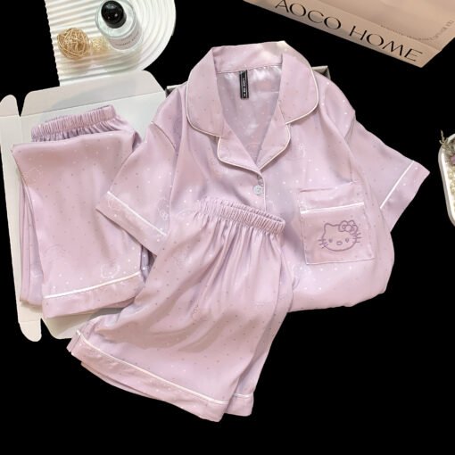 Vapetix M-XXL  Live Summer Short-sleeved Ice Silk Pajamas with Chest Pad Women's Thin Ice Silk Three-piece Set Wom – Bild 4