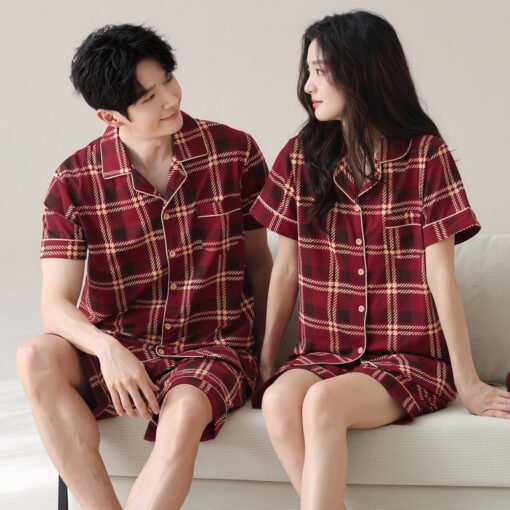Vapetix Female M-Male 3XL  Pure Cotton Pull Rack Lycra Cotton Couple Pajamas Summer Red Lapel Women's Short Sleeve Shorts Men' – Bild 5