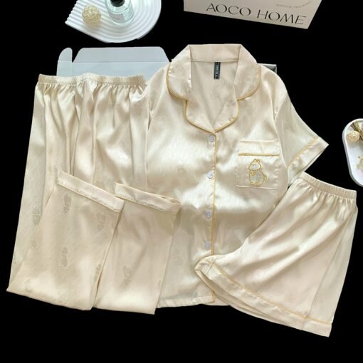Vapetix M-XXL  Live Summer Short-sleeved Ice Silk Pajamas with Chest Pad Women's Thin Ice Silk Three-piece Set Wom – Bild 5