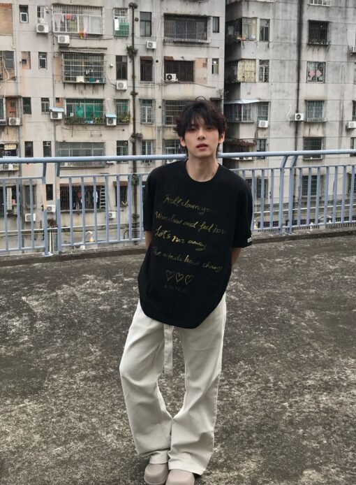 Vapetix S-3XL  【Tmall/Recommended】Heavy 230g double yarn pure cotton combed tightly love letter printed short-slee – Image 4