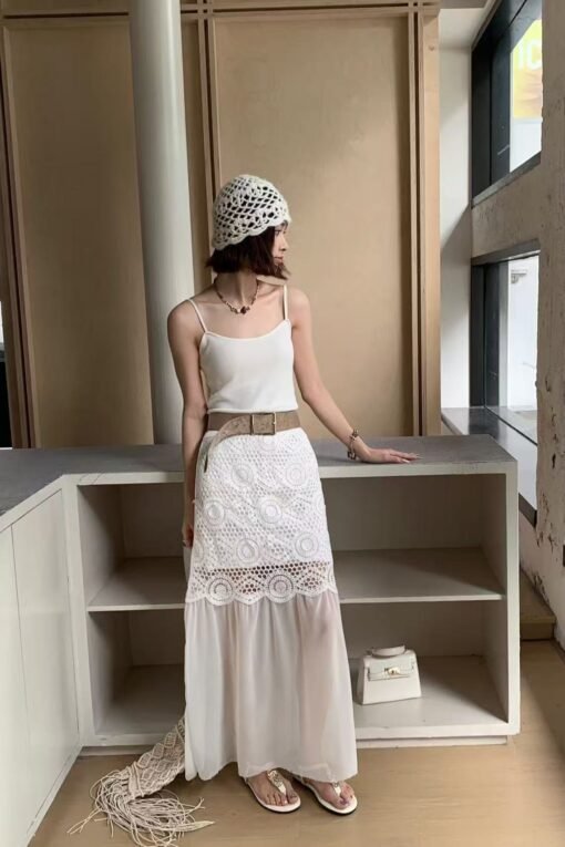 Vapetix Free Size-Free Size  Summer 2025 French Romantic Heavy Work Lace Splicing Chiffon Waist-Loose Half-body Dress for Women