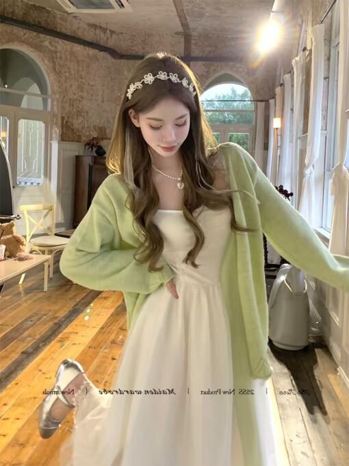Vapetix S-L  Early Spring New French Style Lazy Gentle Bow Strap V-Neck Stitching Lace Two-Wearing Knitted Cardi