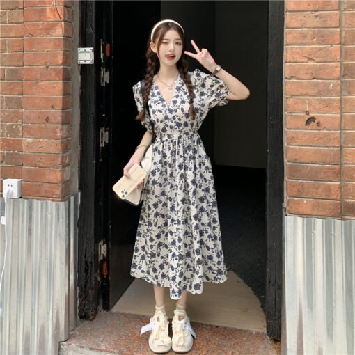 Vapetix Universal code-Universal code  Summer floral dress for women mid-length V-neck retro puff sleeves high waist slim casual vacation