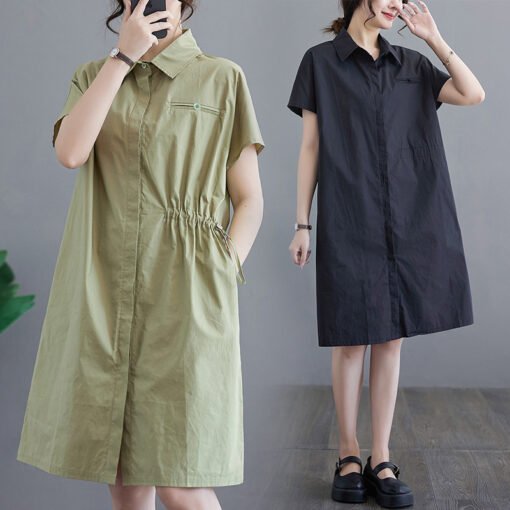 Vapetix L-2XL  New summer literary loose solid color lapel short-sleeved dress for women's mid-length shirt skirt - Pilt 9