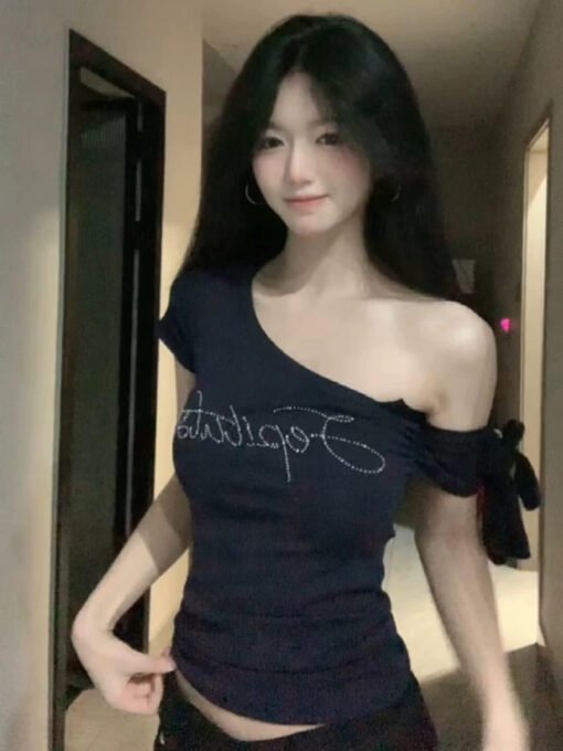 Vapetix S-XL  1*1 casual American style vintage navy blue letters slant shoulder short sleeve T-shirt women's sum - Imagen 2