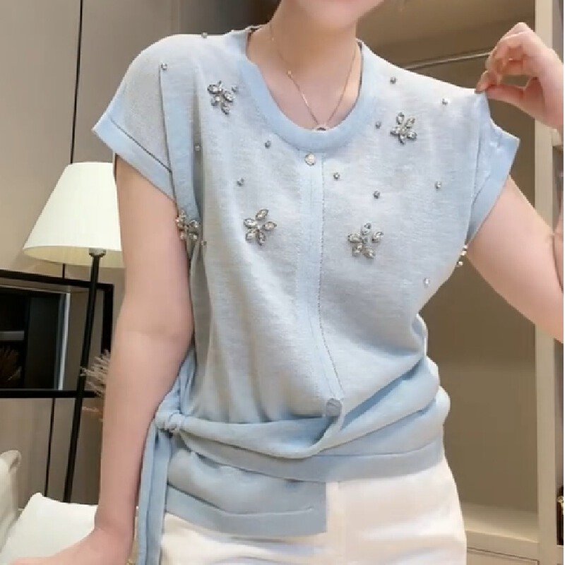 Vapetix Free Size-Free Size Tmall Quality 2025 Summer New Arrival Round Neck Asymmetrical Hem Embroidered Diamond-Studded Slim-