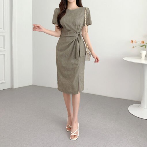 Vapetix Universal code-Universal code  Korean chic summer retro niche round neck kink strap waist puff sleeve side slit hip dress for wome