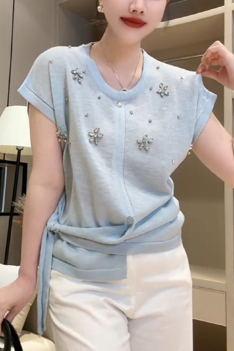 Vapetix Free Size-Free Size Tmall Quality 2025 Summer New Arrival Round Neck Asymmetrical Hem Embroidered Diamond-Studded Slim- - 图片 2