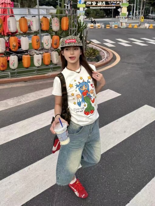 Vapetix S-XL  [Live Quality 40 Odale 200g Cotton Back Bag Collar Elastic Shoulder Short T-Shirt] Cartoon Girl